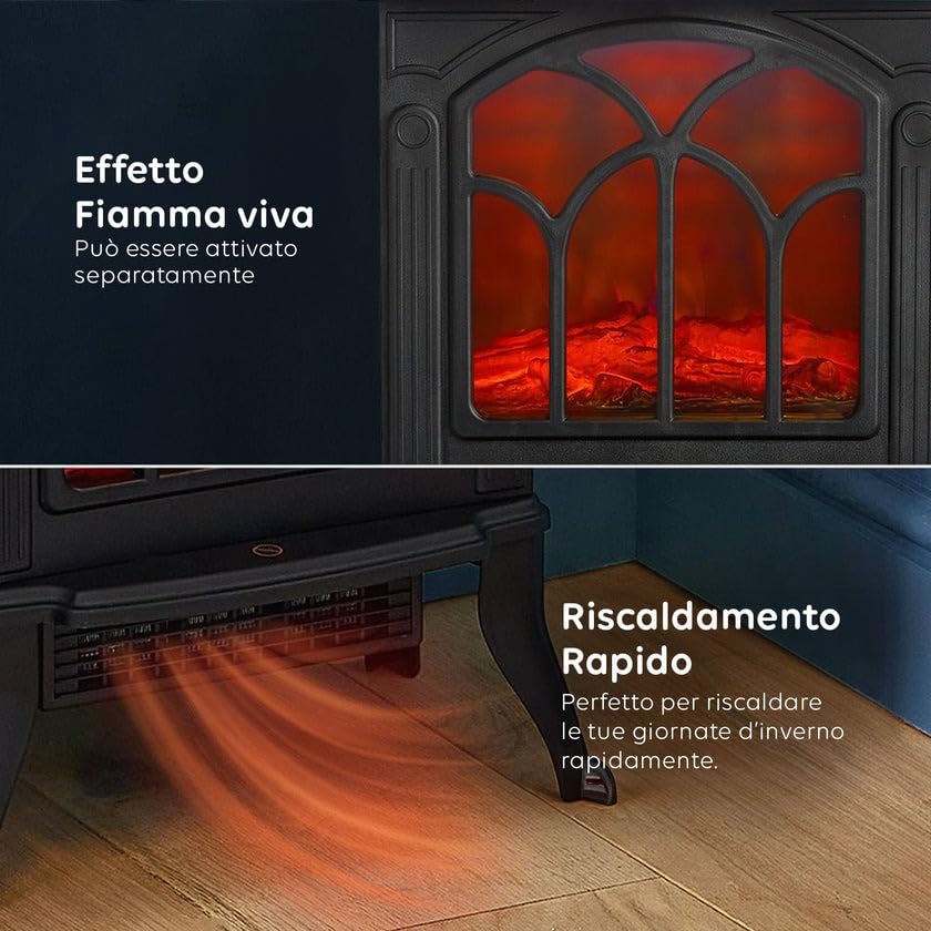 Persefone Caminetto Elettrico da Terra con Effetto Fiamma Realistico - Riscaldamento Rapido 750W / 1500W - Camino Finto con Termostato Controllabile - Design Elegante - per Ambienti Fino a 15m²