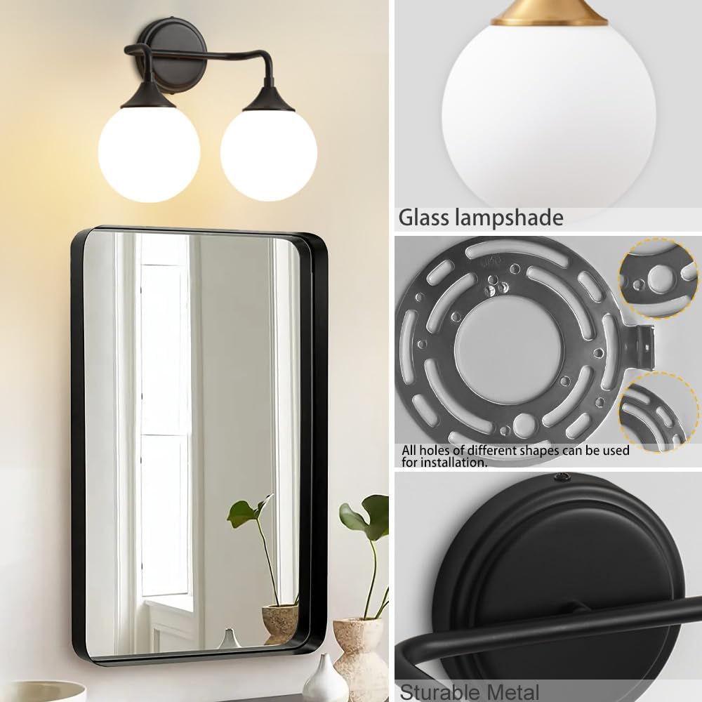 Black Bathroom Light Fixtures, Modern Vanity Lighting Over Mirror, Mid Century Modern Matte Black Wall Sconce 2-Light with Milky White Glass Ball Shades