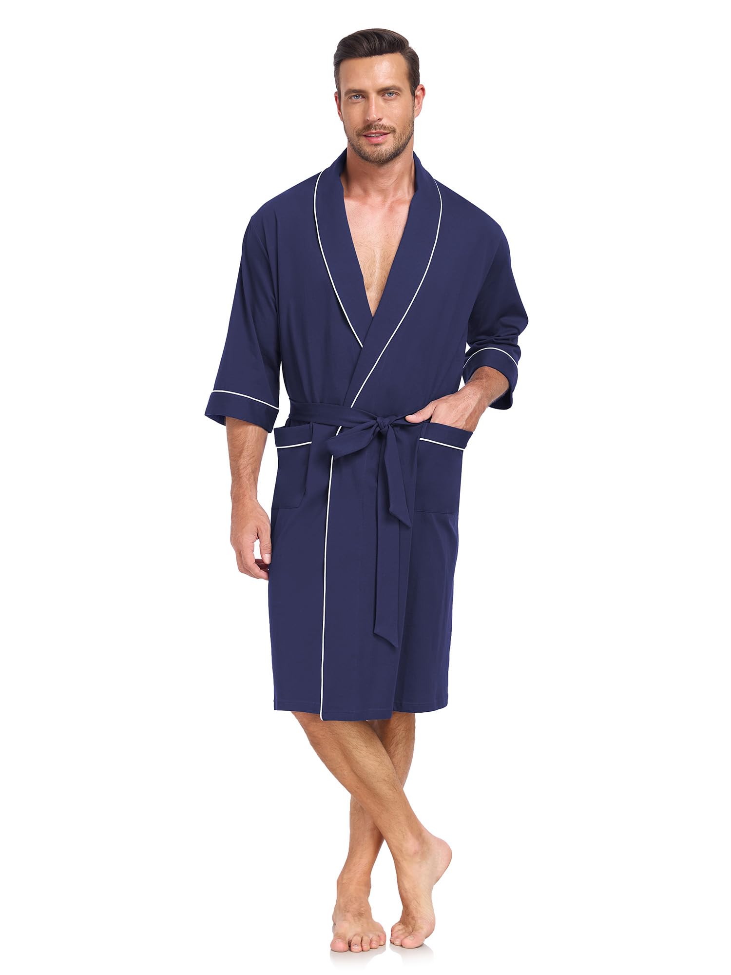 Herren Bademantel 100% Baumwolle Kurzarm Sommer Leicht mit Taschen