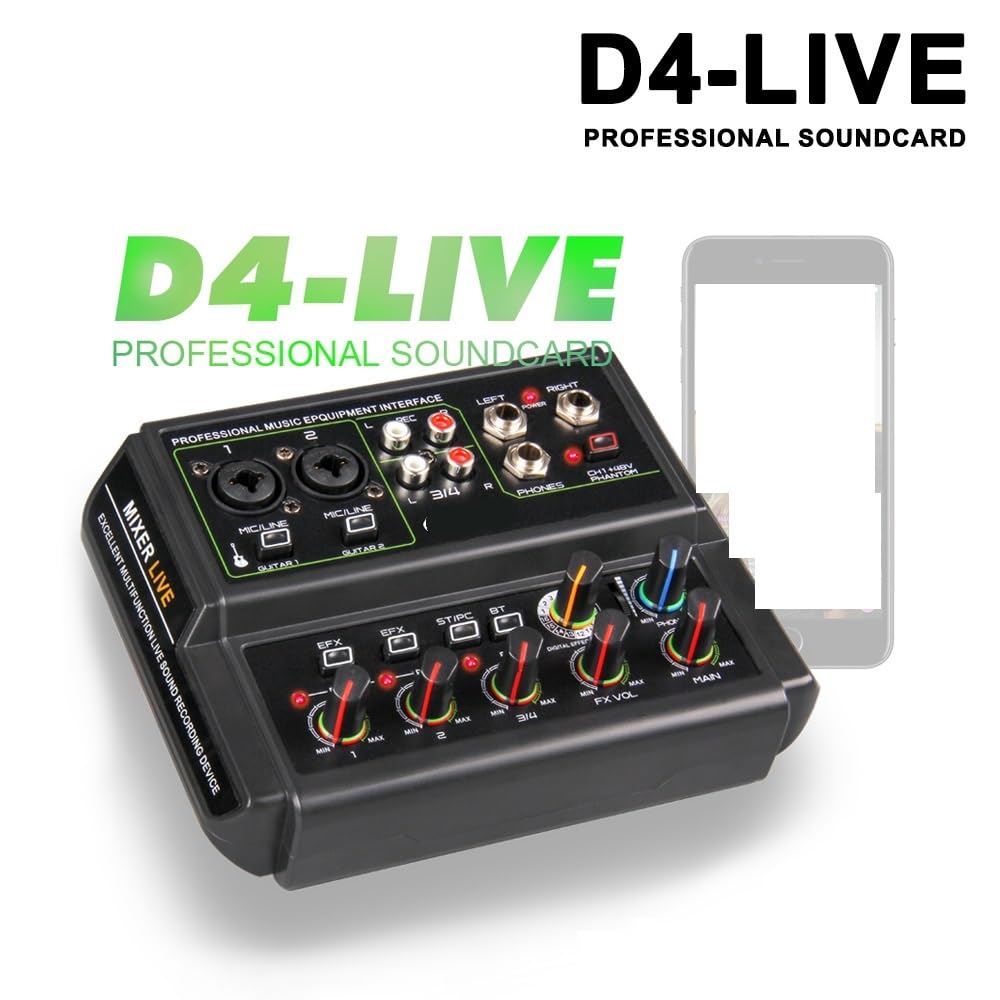 Mikser audio, 4-kanałowa karta dźwiękowa z funkcją Reverb Live Bluetoothem i gniazdem słuchawkowym 6,5 mm do monitora