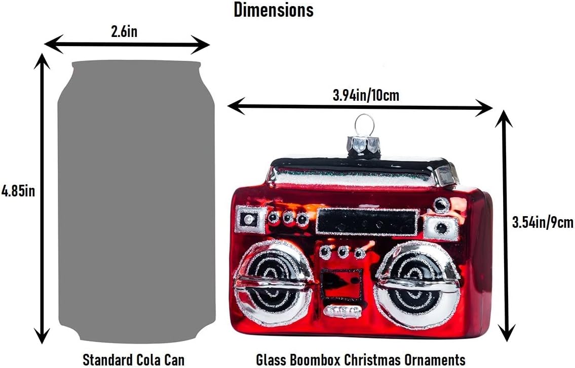 Set of 2 Hand Blown Glass Boombox Music Ornaments for Christmas Tree Decorations, Cute Nostalgic 80s Boom Box Radio Cassette Player Blown Glass Christmas Ornaments - Image 3
