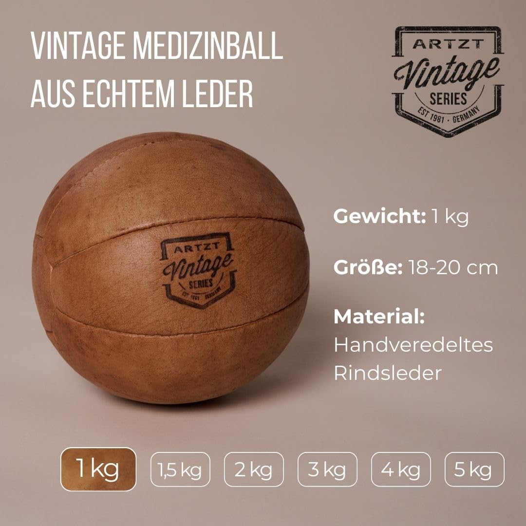 ARTZT Vintage Series Medizinball 1kg | Handveredeltes Rindsleder | Einzigartiges Design | Made in Germany | Robust & Langlebig | Ideal für Wohnzimmer & Trainingsraum
