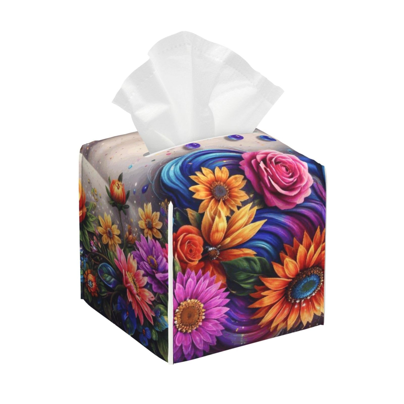 Cute Unicorns Rainbow Butterfly Flowers Leather Tissue Box Cover Holder Square Facial Paper Organizer 5.2" X 5.2" X 5.2"