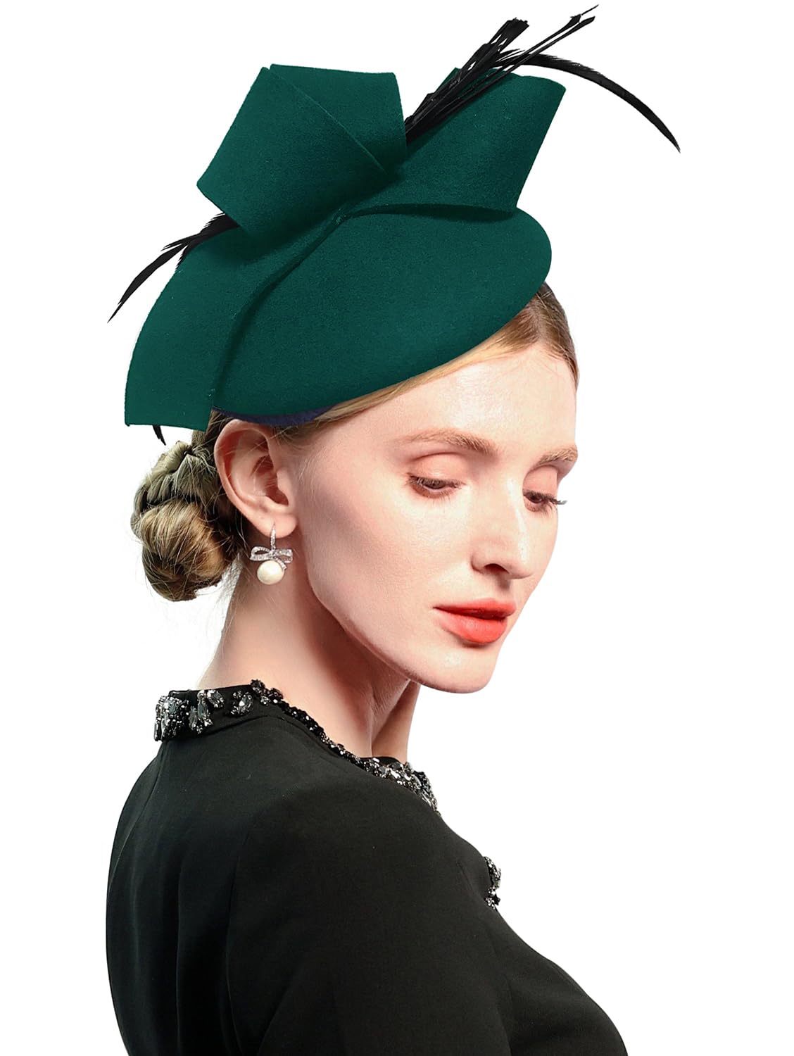 ELLYDOOR Wool Fascinator Pillbox Hat Winter British Wool Felt Hat for Women Wedding Church Hat Flower Fedoras, J-Green, One Size