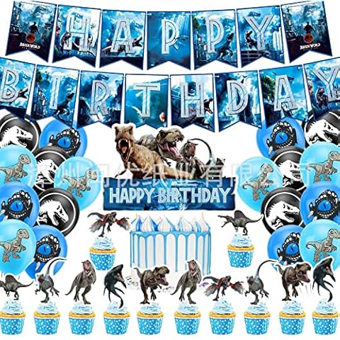 Dinosaur World Birthday Party Decoration Supplies, 32pcs Dinosaurs Theme Party Decorations Birthday Banner Party Balloons Cupcake Topper Themed Birthday Decoration for Boys Girls Kids Cover