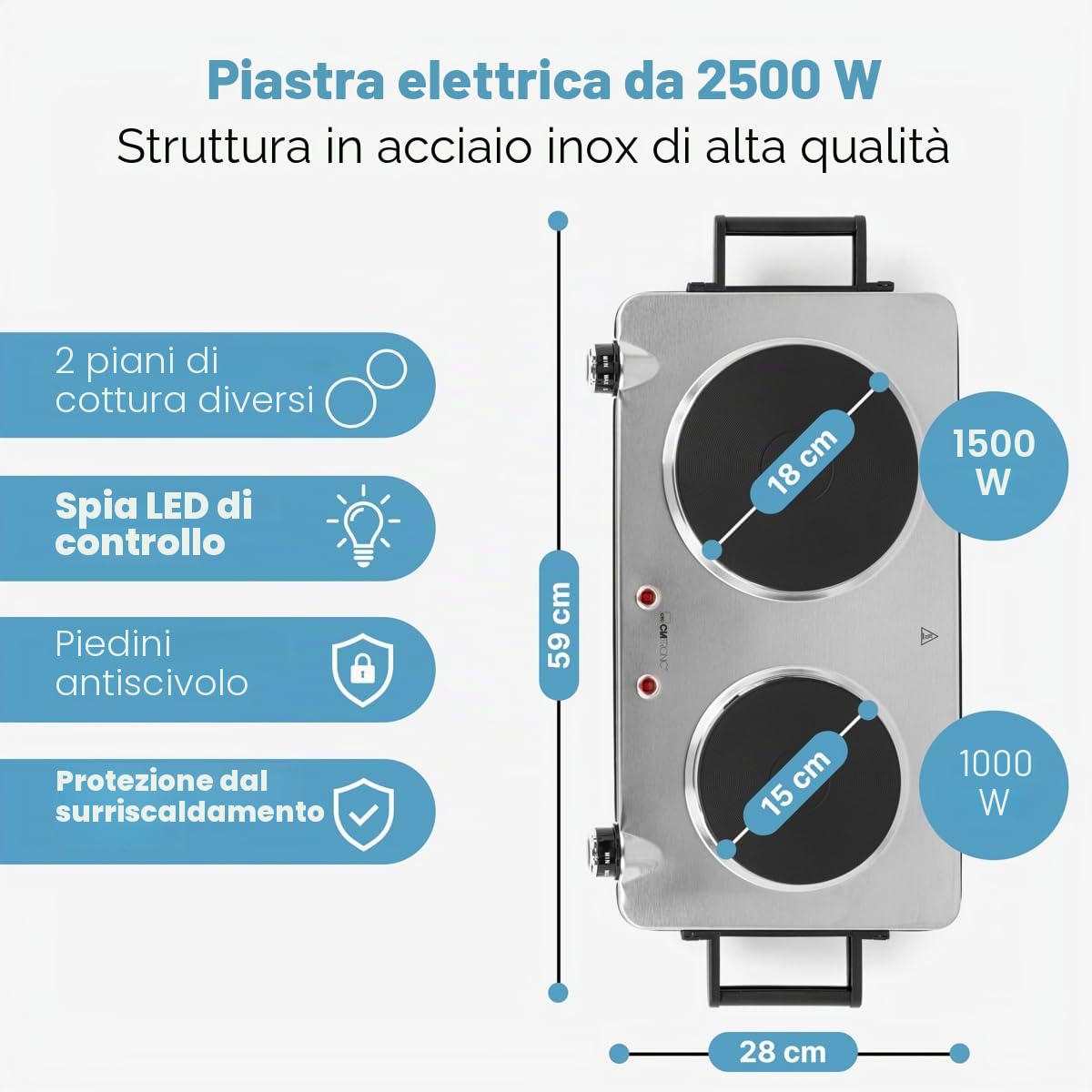 Piastra doppia Clatronic in acciaio inox | piastra con 2 piani di cottura | 18 e 15 cm | 2500W | piastra elettrica con maniglie Cool Touch | protezione contro il surriscaldamento | DKP 3668 E