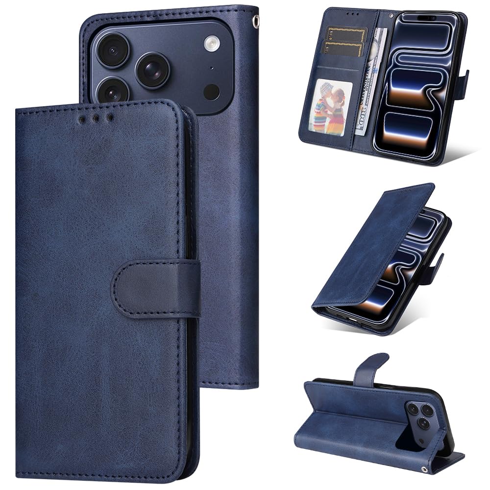 E-Lush Handyhülle für iPhone 17 Pro Hülle Leder, Schutzhülle für iPhone 17 Pro Standfunktion Kartenfach Klapphülle 360 Stoßfeste RFID-Blockierung Wallet Flip Case, Blau