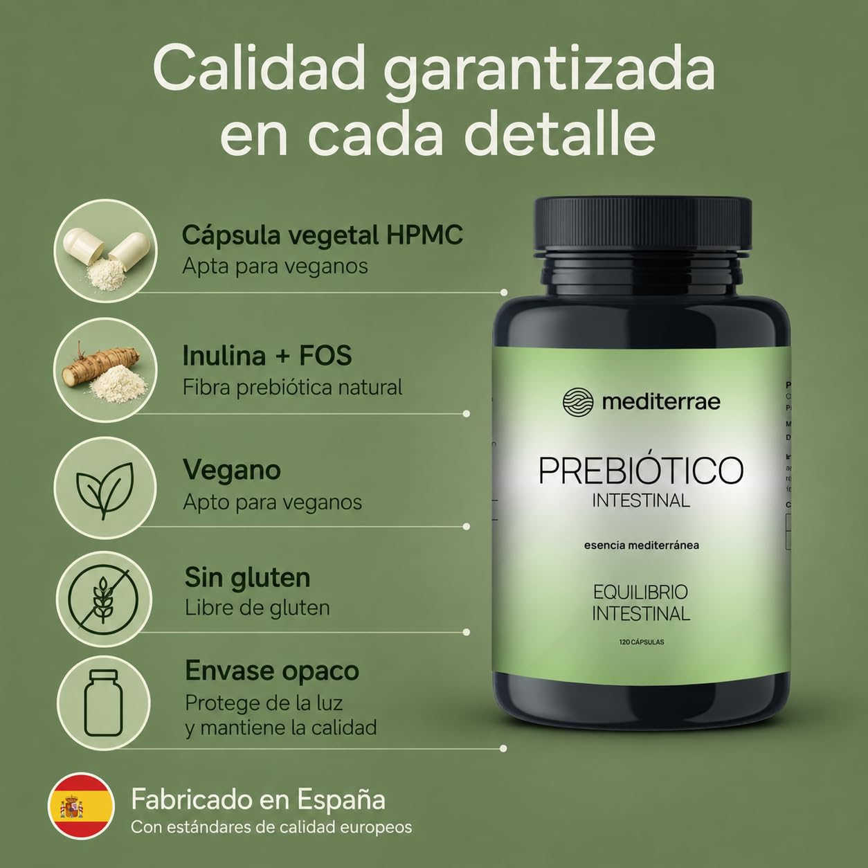 Prebiótico Intestinal | Cápsulas Vegetales con Inulina - FOS para Digestión Ligera, Confort Digestivo y Menos Hinchazón. Fibra prebiótica para Flora Intestinal y Potencia el Efecto de Probióticos