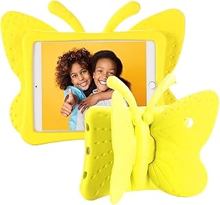 جراب حماية اي باد للأطفال بتصميم فراشة لطيفة من نيكست ستور لاي الجيل التاسع والثامن والسابع 10.2 - 10.5 بوصة إصدار 2021 و2020 و2019 وبرو للأولاد والبنات أصفر سيليكون