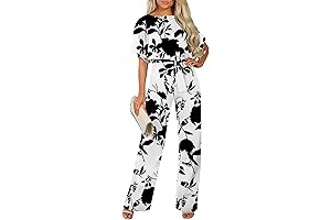 Women's Short Sleeve Loose Casual Crew Neck Belted Wide Leg Printed Jumpsuits Rompers