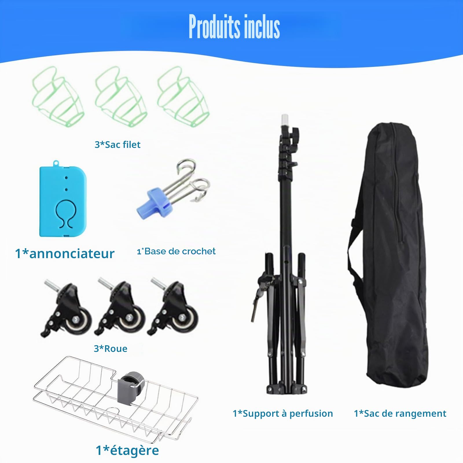 Support de Perfusion avec Roulettes, Potence à Perfusion Réglable, Support de Perche Intraveineuse Pliable avec 4 Crochets, 3 Poches en Filet, Panier de Rangement et Alarme