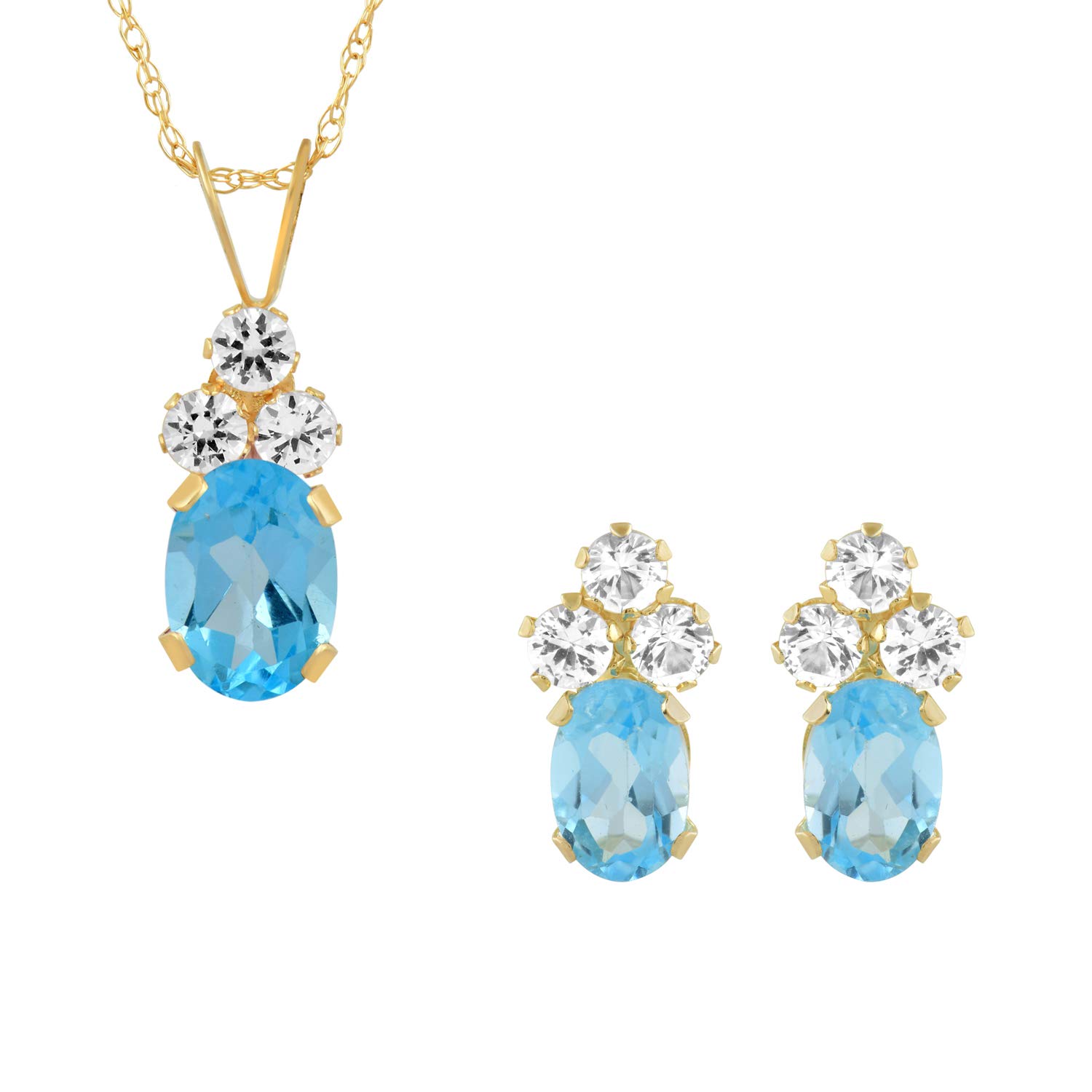 Jewelili 10K Yellow Gold 7x5 MM and 6x4 MM Oval Shape Swiss Blue Topaz with Round Created White Sapphire Pendant Necklace Stud Earrings Jewelry Set, Metal, Swiss Blue Topaz