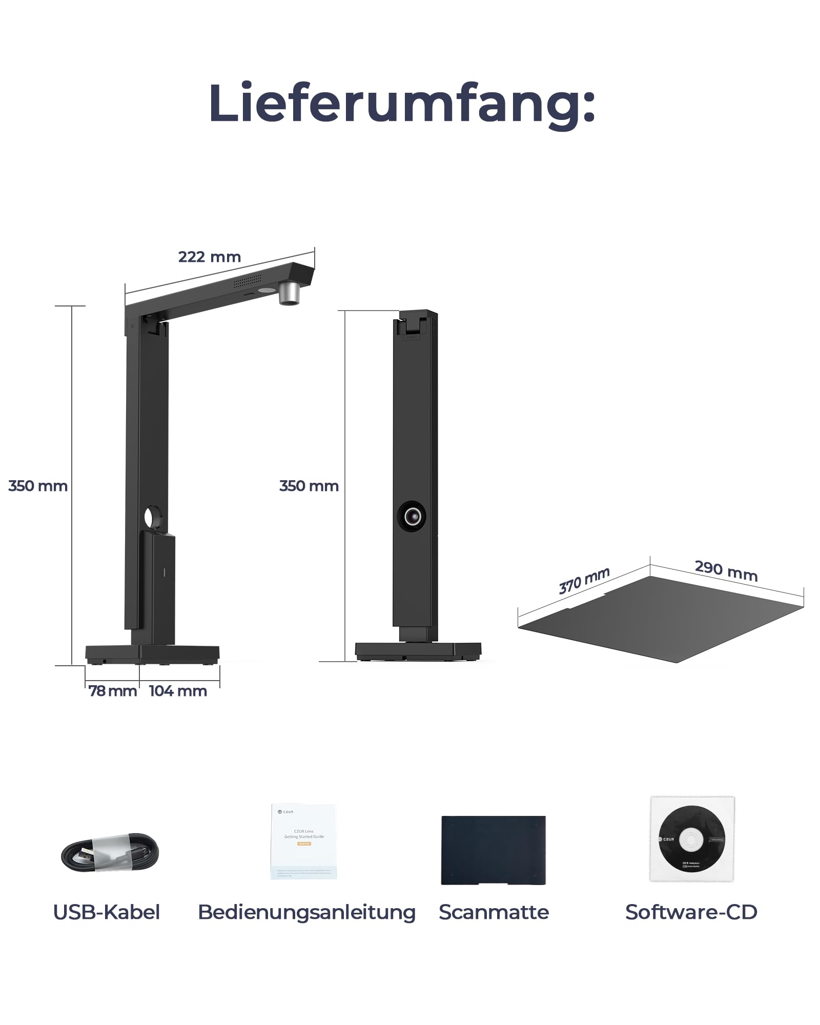 CZUR 12MP USB-Dokumentenkamera und Visualizer, A4 Dokumentenscanner tragbarer Scanner, für Lehr- und Klassenzimmer, Home-Office, kompatibel mit Windows, macOS (Lens 1200) (Mattschwarz) | USB-Scanner für Rechnungen, Verträge & Steuerunterlagen, Visualizer