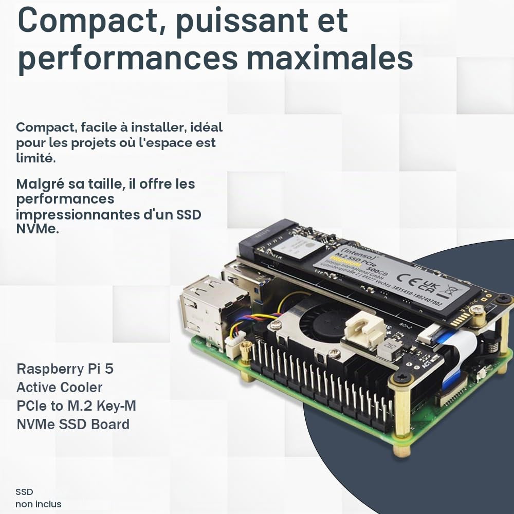 Raspberry Pi 5 16 Go PCIe M.2 NVMe - Kit | Boîtier métallique | Refroidisseur actif | Carte PCIe SSD M.2 NVMe | Alimentation USB-C 45W | Carte SD 64 Go | Câble Micro HDMI 4K | Idéal pour Home