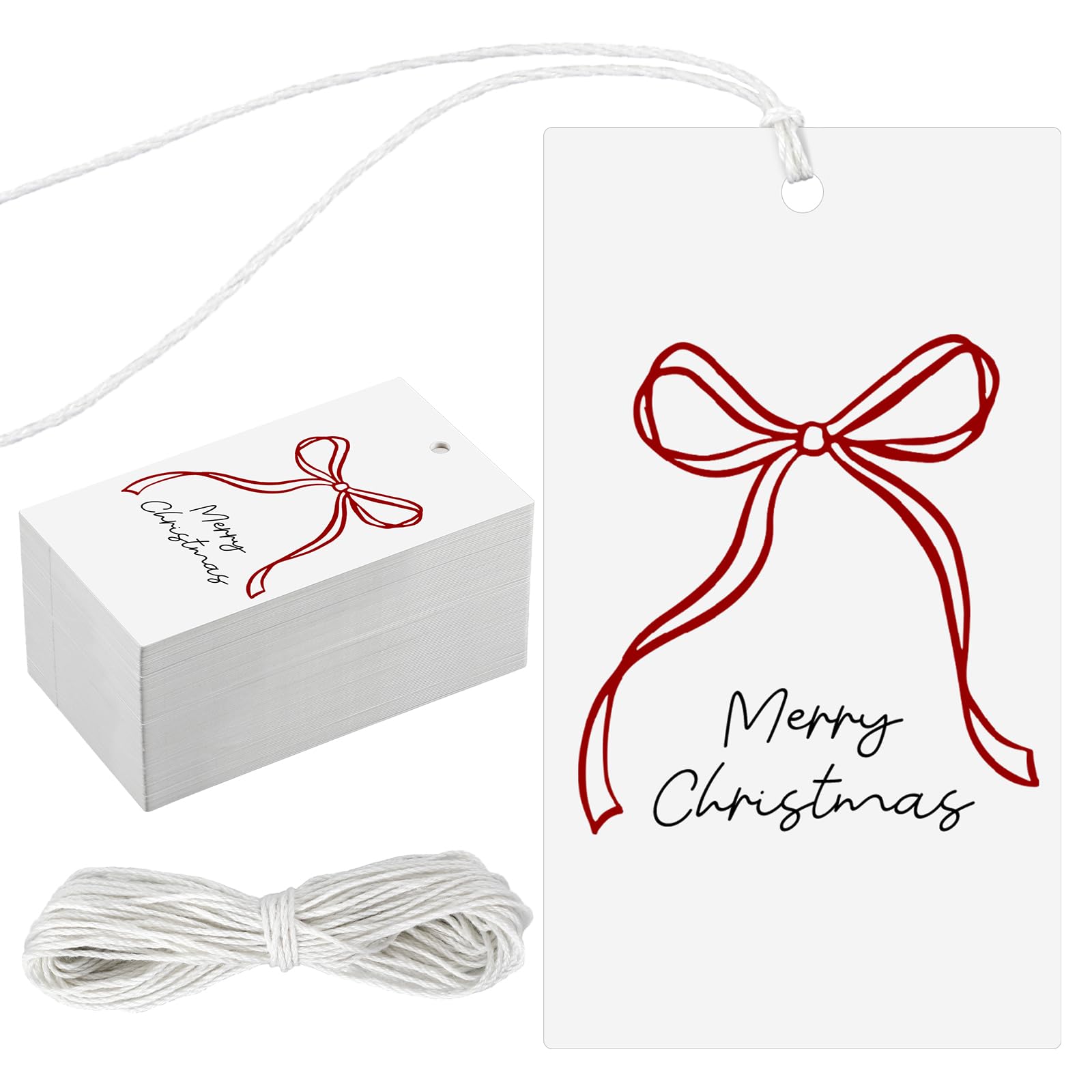 Fuyoooo Weihnachtsgeschenk-Etiketten mit Schnur für Geschenke, Geschenkpapier, Etiketten für Weihnachten, Party, Leckerli, Keksdekoration (Schleife), 100 Stück