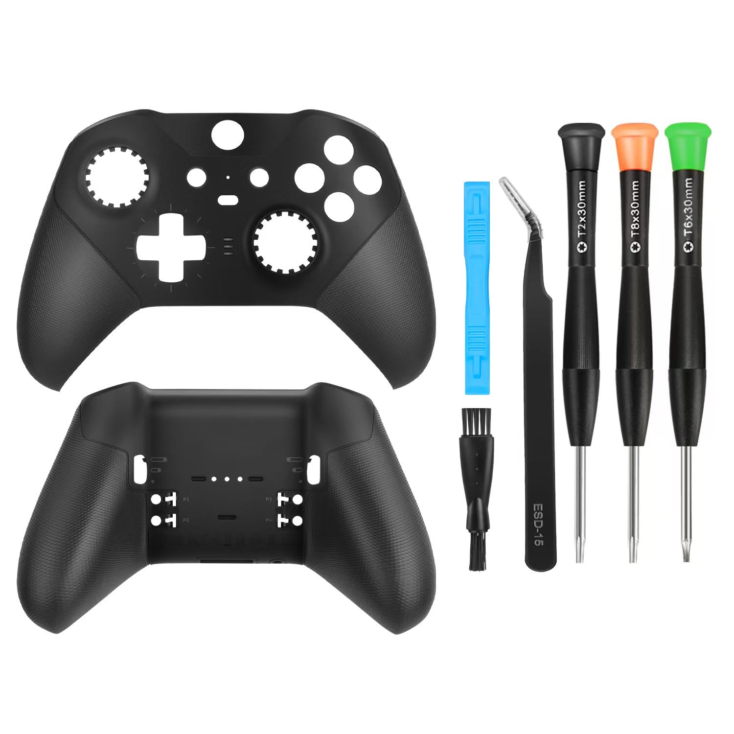 Front Back Housing Shell Faceplate Grip Cover Replacement Repair Parts Accessories Kit for Elite Series 2 Controller (Black)