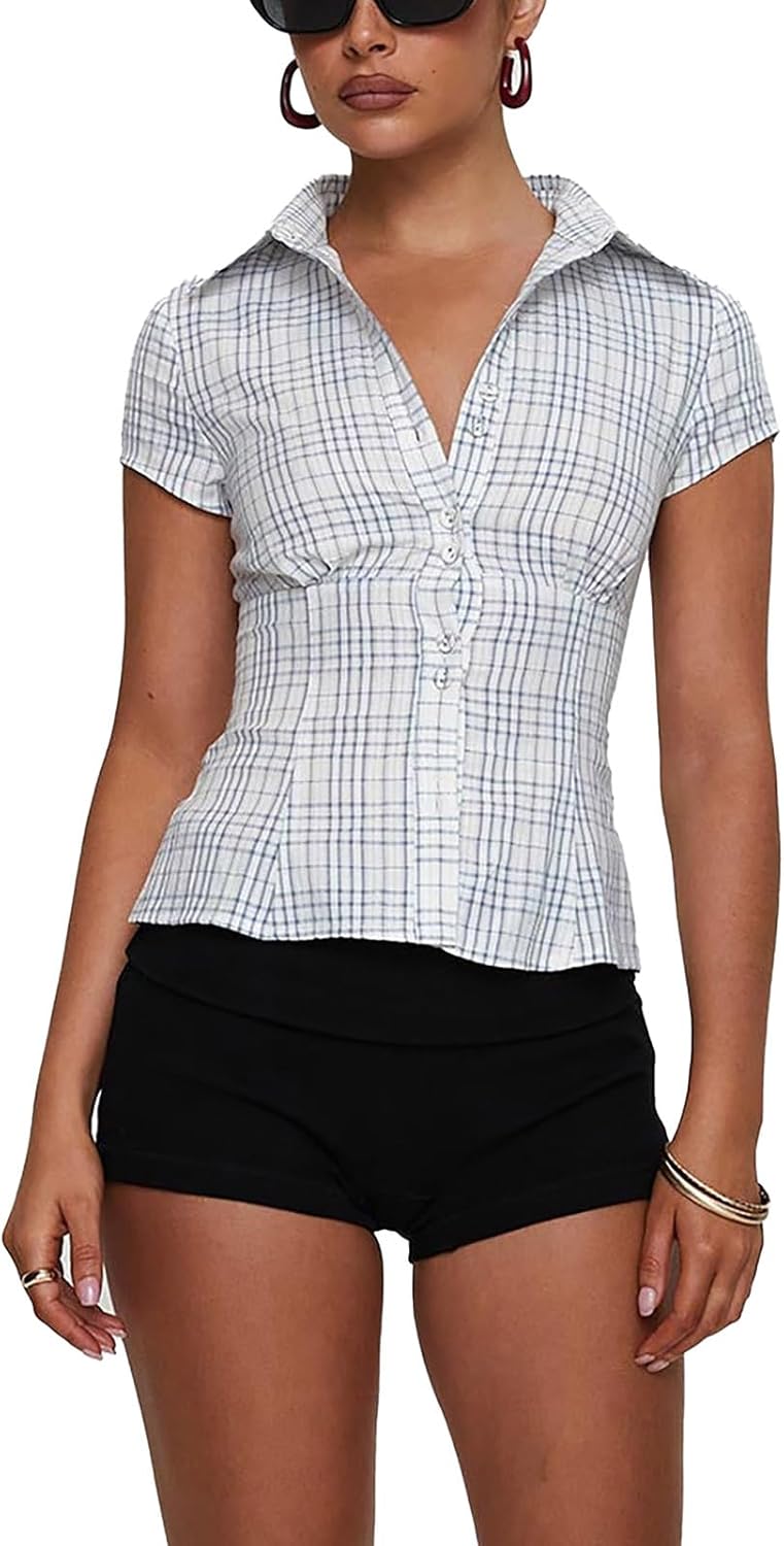 Womens Button Down Shirts Short Cap Sleeve V Neck Collared Plaid Waisted Blouses Summer Casual Tops - Image 3