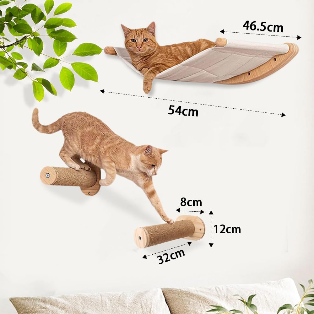 Hamac pour Chat Mural Grande Étagère pour Chat avec 2 Pilier d'escalade pour Chat, Fenetre Pliable Lit pour Chat, Capacité de Charge 18kg