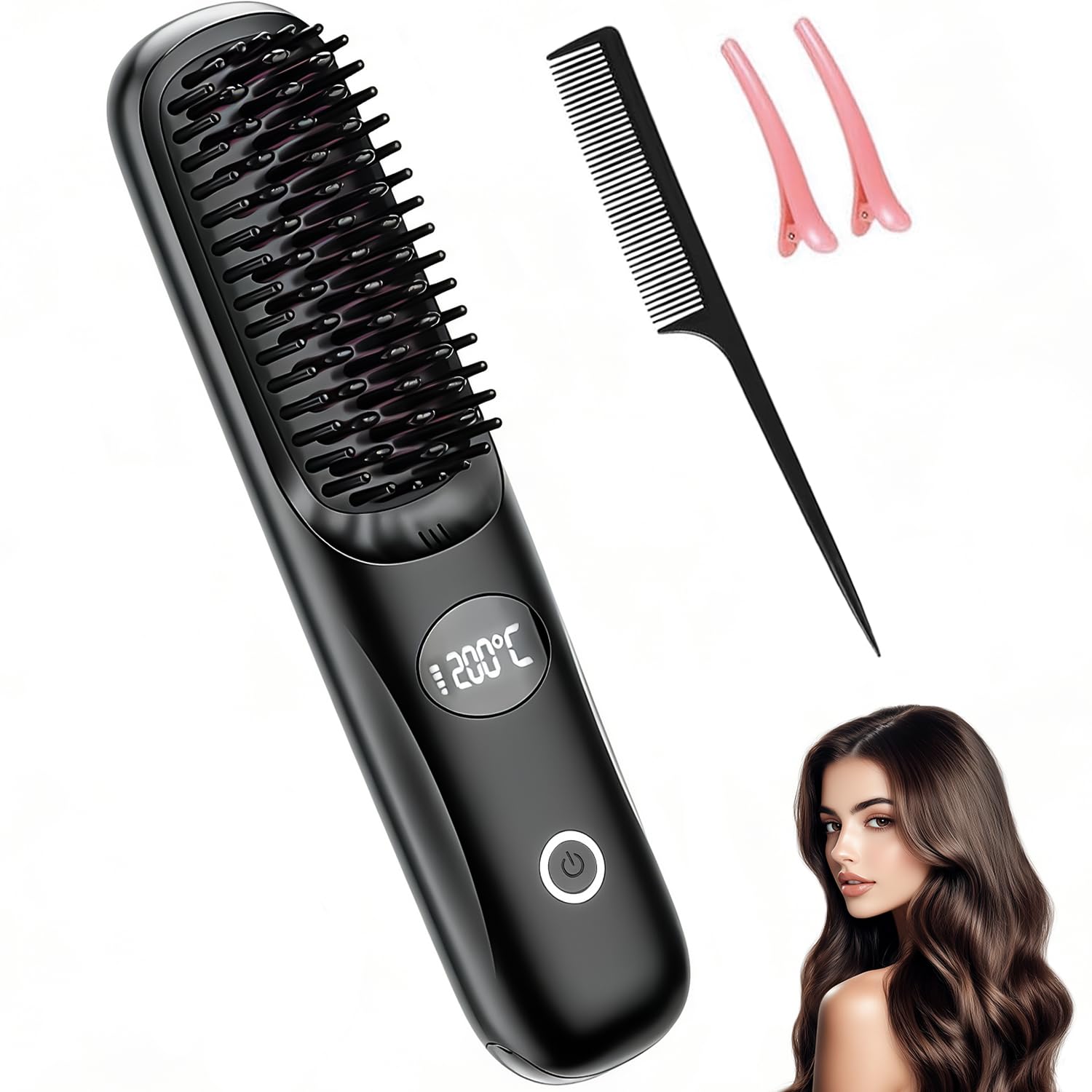 Spazzola elettrica per capelli, portatile, senza fili, 3 livelli di temperatura, spazzola elettrica per capelli, spazzola lisciante a batteria, spazzola lisciante per viaggi, perfetta per lisciare