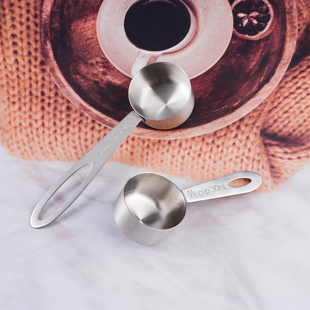 2 Stuks 30 ml Koffiemaatlepels van Roestvrij Staal, 1/8 Kop Schep Koffie Maatlepel, 10/14cm Koffie-meetsets met Lang Handvat, voor Thee, Koffie, Cappuccino, Cacao en Espresso, Melk, Fruitpoeder