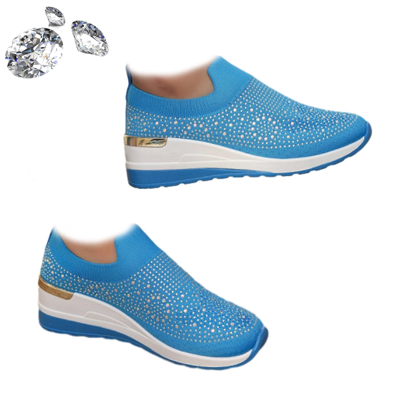 Scarpe da ginnastica da donna con zeppa e strass scintillanti, alla moda, con strass, con zeppa, casual, senza lacci, scarpe da tennis