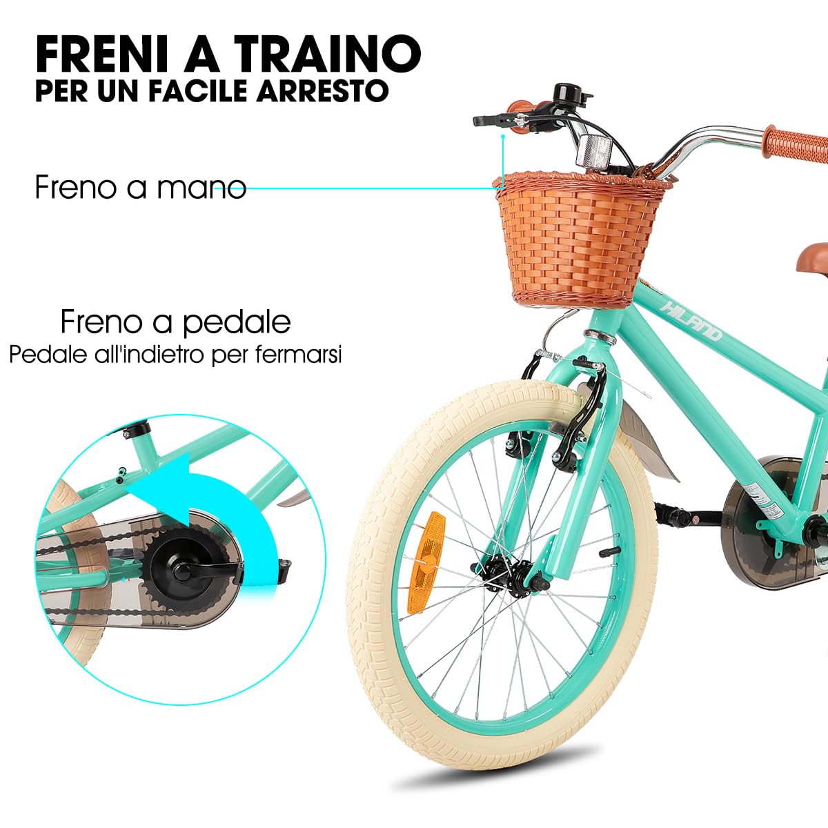 HILAND Spark Bicicletta Bambina 14/16/18 Pollici 3–9 Anni, Bicicletta Stile Vintage con Ruota di Supporto,con Cestino, Freno a Mano e Freno a Pedale, Rosa/Verde