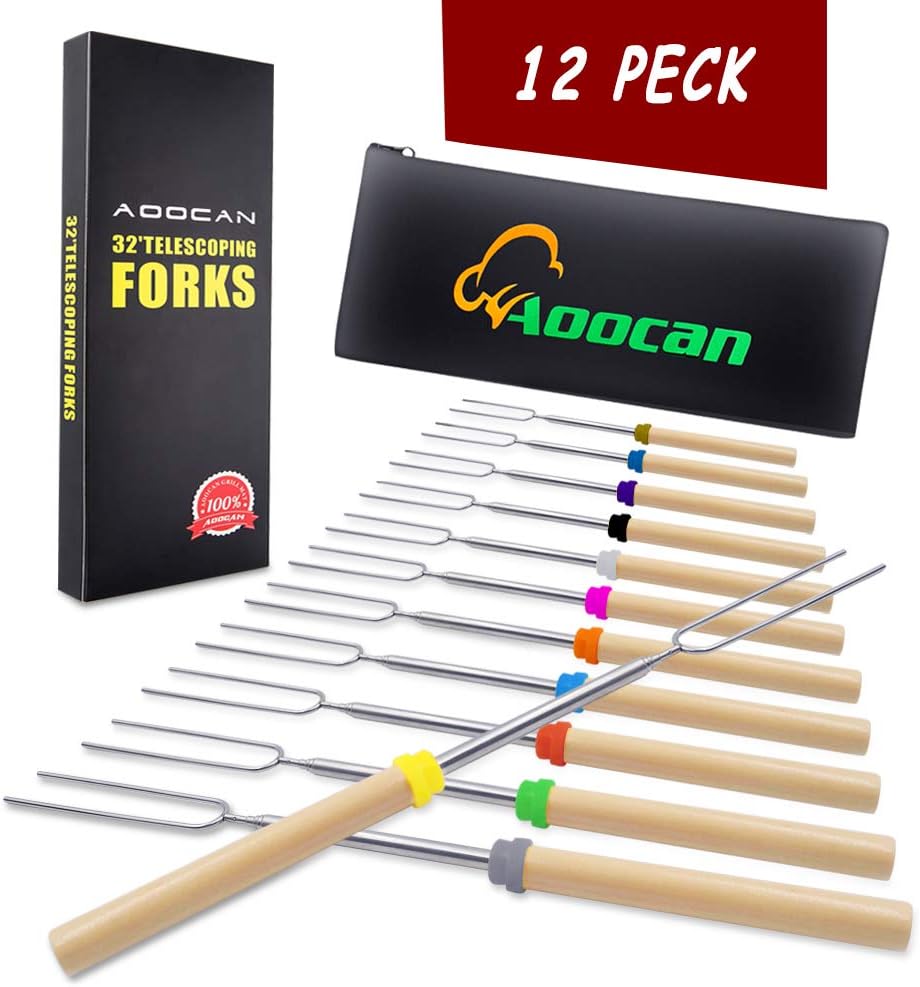 Aoocan Marshmallow Roasting Sticks ๏ผSet of 12 Smores Sticks for Fire Pit, Telescoping Rotating Smores Skewers - Hot Dog Roasting Sticks for Campfire, Camping, Bonfire and Grill