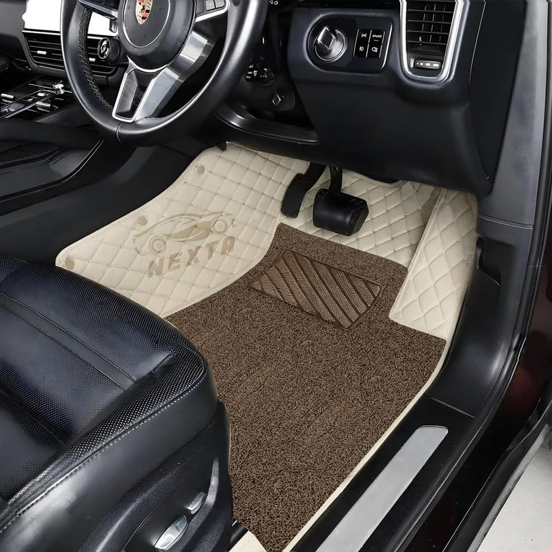 Image of NEXTA Premium Faux Leather 7D Car Floor Mats for MG Majestor - 7 Seater (All 3 Rows) || Luxury Leather with Grass Mat Complete Set || 100% Waterproof and Washable (Color Biege)