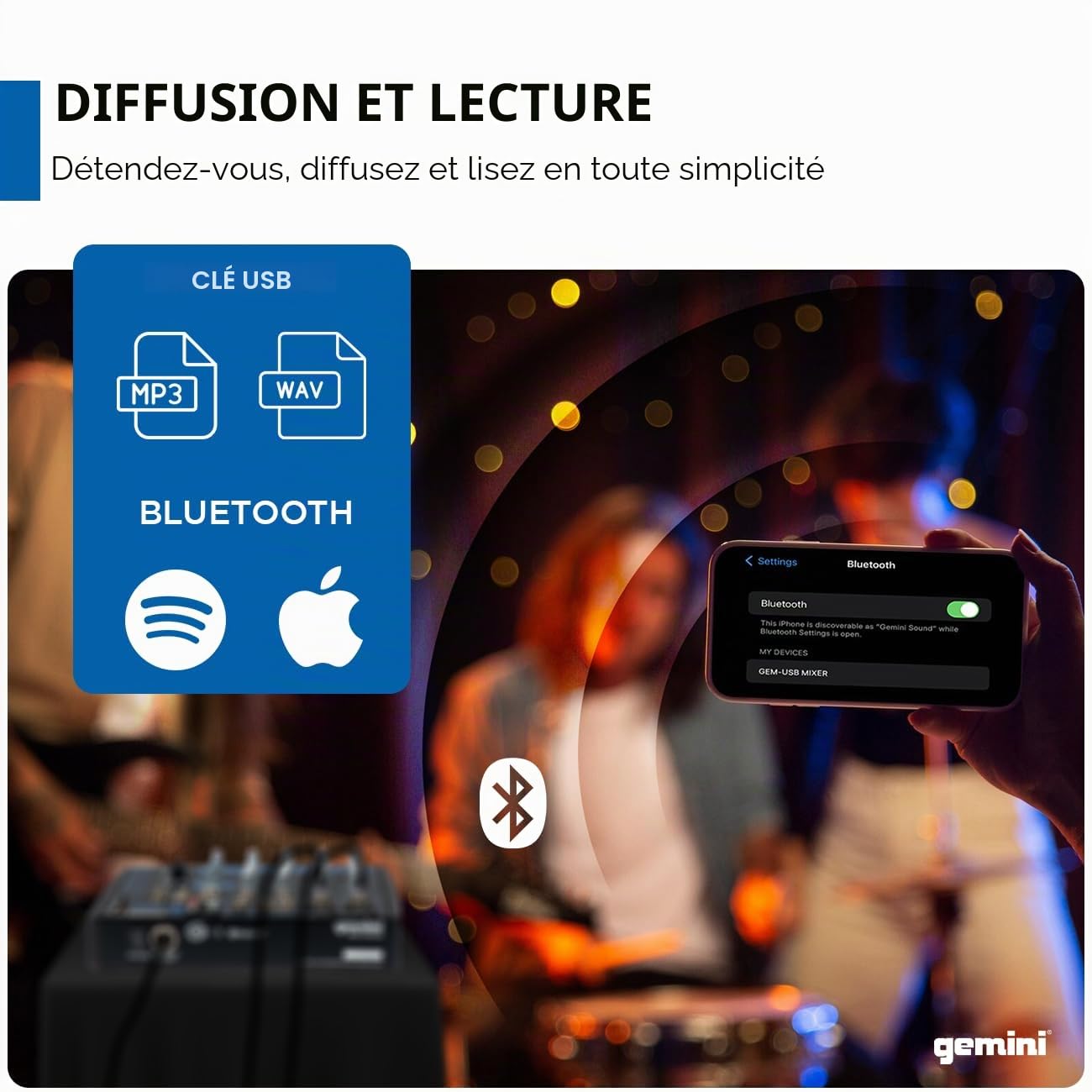 Gemini Sound GEM-08USB - Table de Mixage Analogique Compact à 8 Canaux comprenant 2 Canaux Micro, EQ de Bande 3, Lecture USB à partir de Périphériques USB et en Streaming Bluetooth