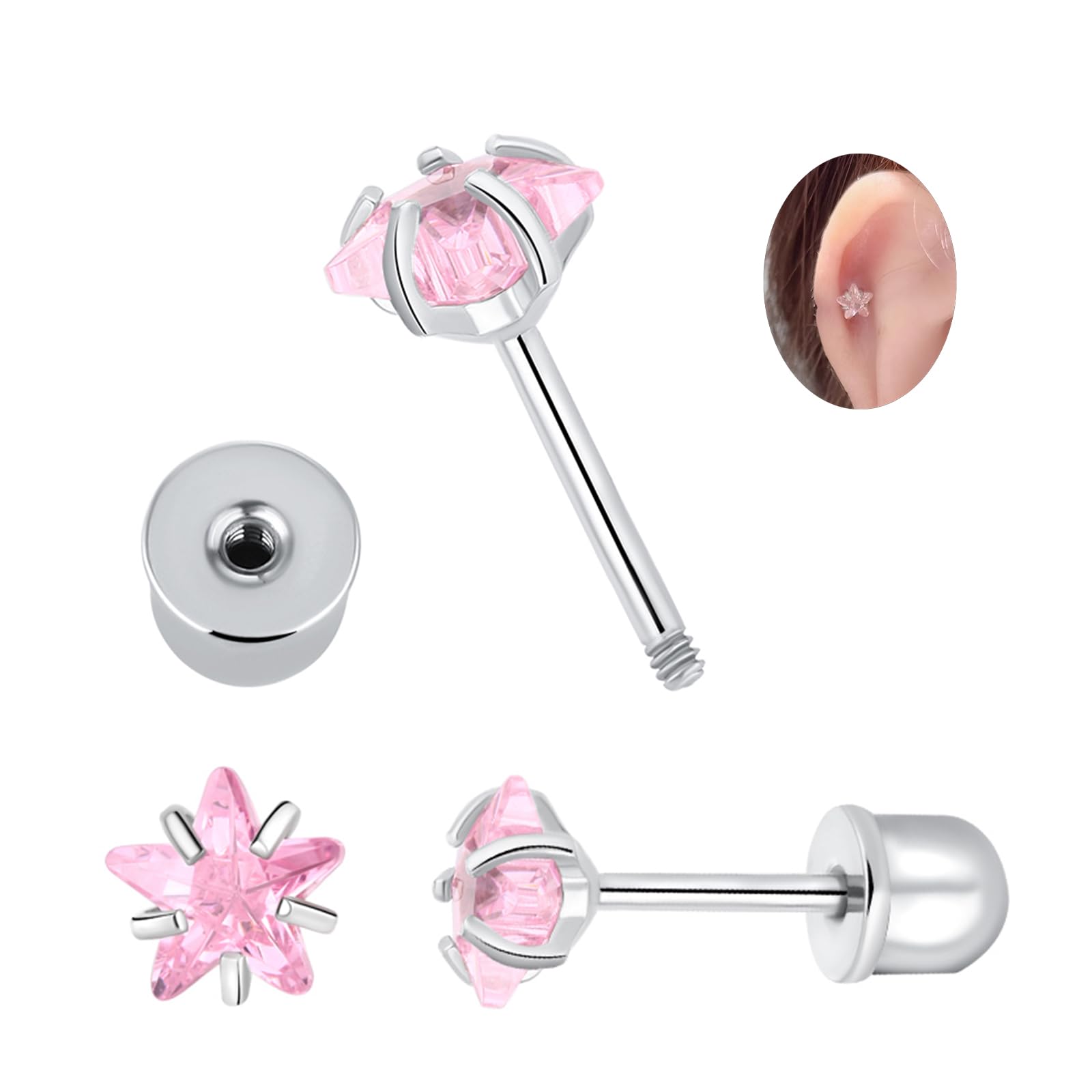 davkaCubic Zirconia Earring Set Stainless Steel Pink Crystal Star Stud Earrings Medical Hypoallergenic Tragus Helix Piercing Jewelry For Women Silver Earrings