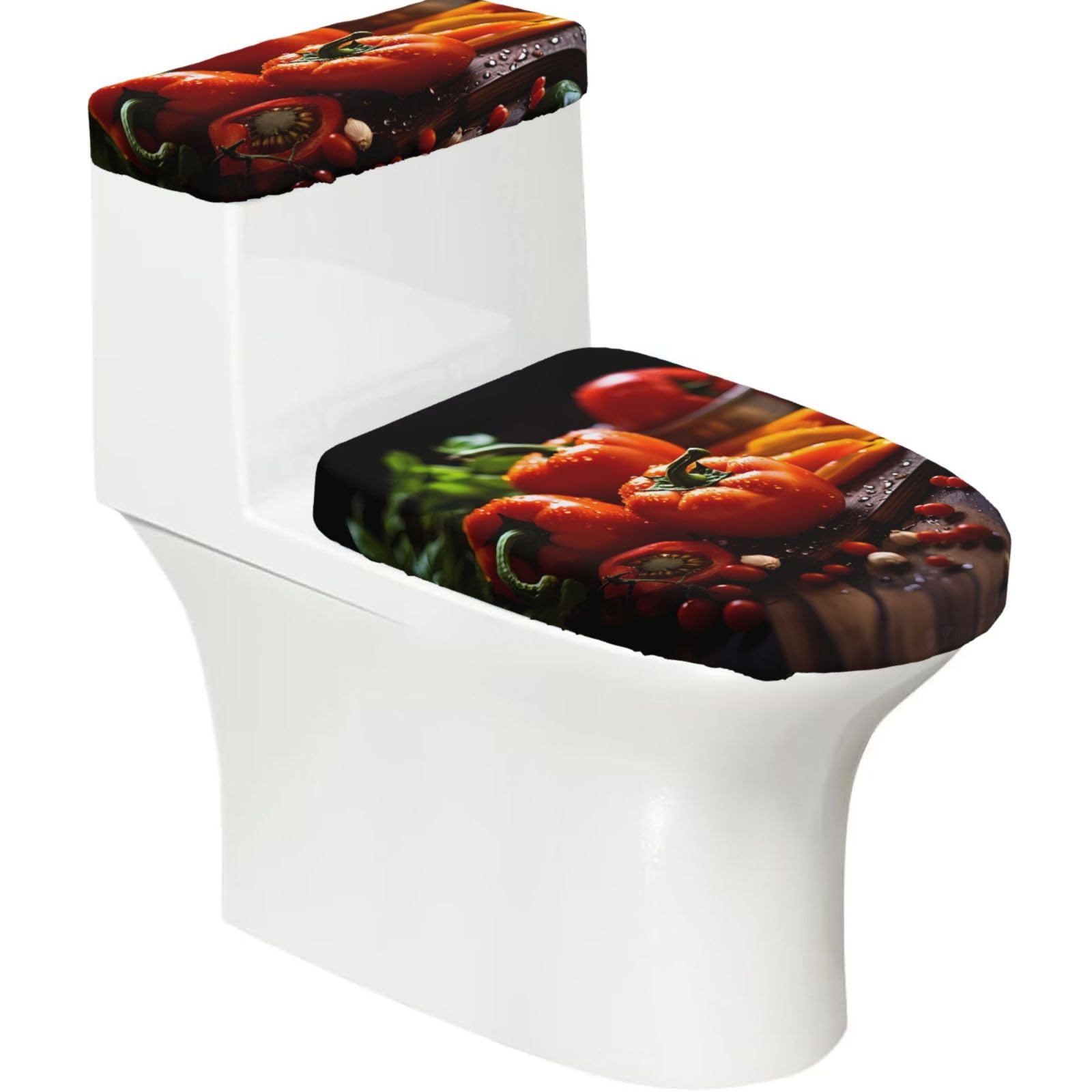 Mrowyc Black Vegetable Fruit 2-Piece Toilet Seat & Tank Lid Cover Set - Elastic Stretch Design - Universal Fit For U-Shape-O-Shape-Elongated Toilets - Functional Bathroom Decor & Housewarming Gift