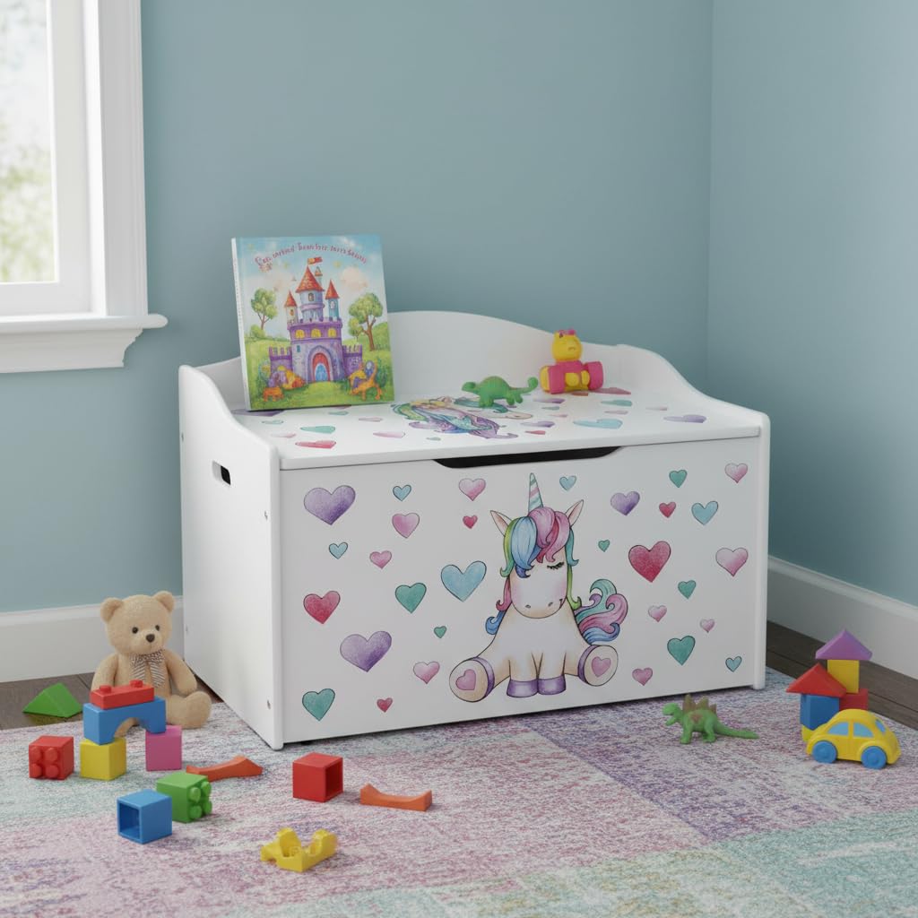 Leomark Kinderbank Hölzerne - Unicorn - Kindertruhenbank, Behälter für Spielzeug, Truhe für Kinderzimmer, Höhe: 46 cm