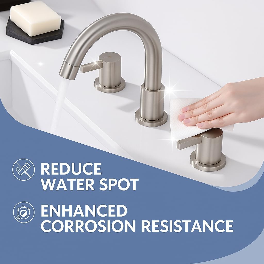 Two Handle 8inch Widespread Bathroom Faucet 3 Holes, Bathroom Sink Faucet with Metal Pop up Drain Assembly and cUPC Water Supply Lines, Brushed Nickel