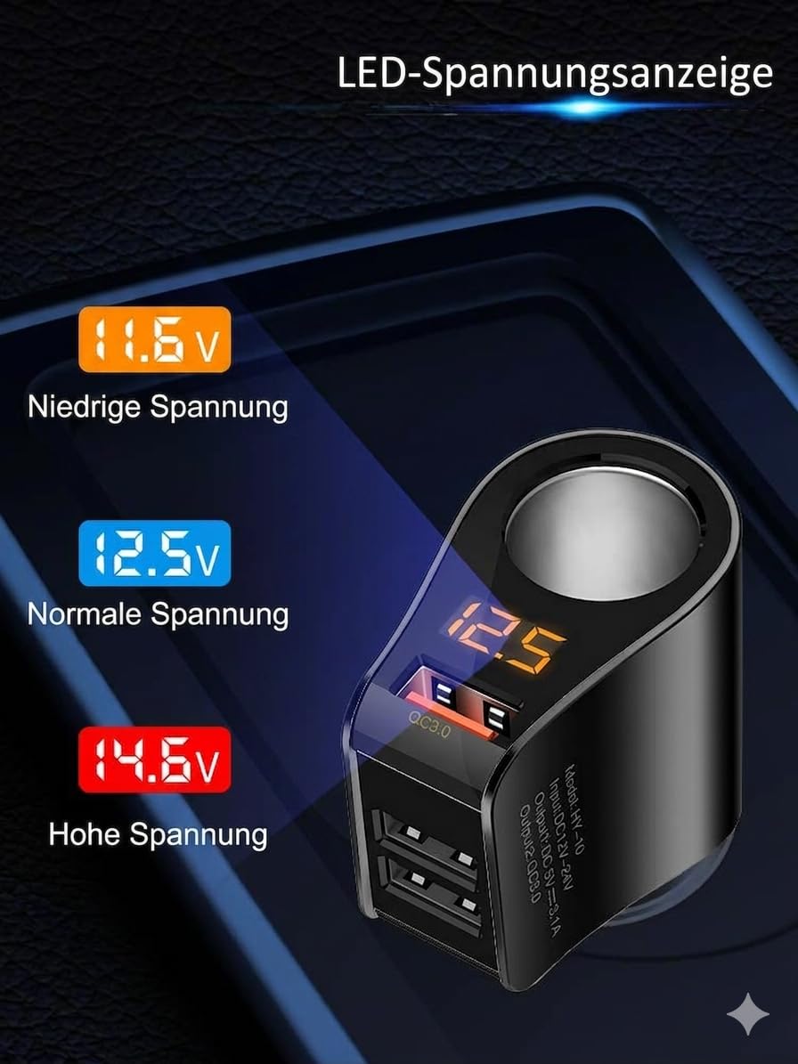 Rozdzielacz zapalniczki samochodowej 4 w 1, 80 W, ładowarka samochodowa z QC3.0 + 2 USB (3,1 A) i 12 V, woltomierz LED, zabezpieczenie przed przeciążeniem 12 V/24 V - do samochodów osobowych
