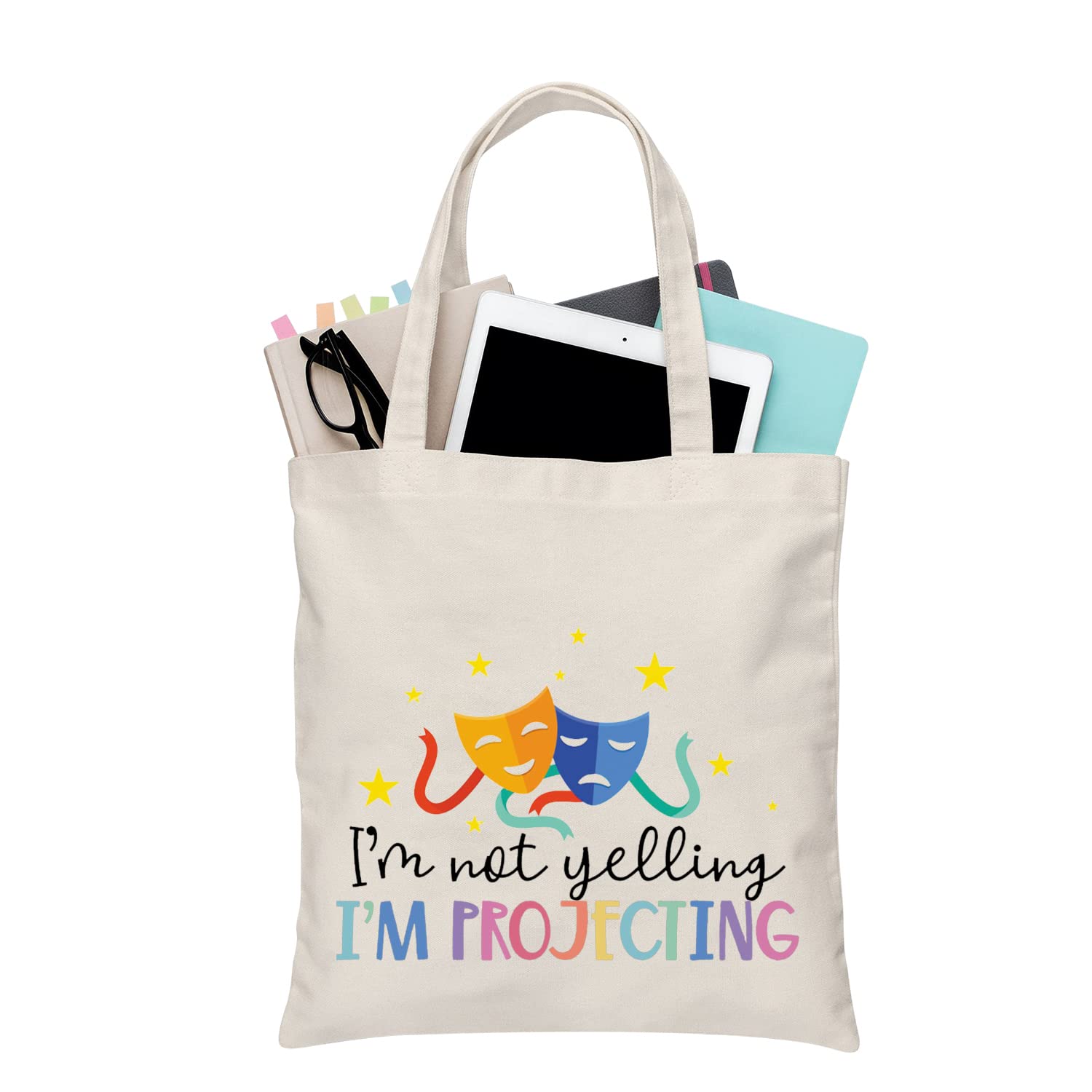 PLITI Theatre Tote Bag Drama Actor Actress Gift Comedy Tragedy Mask Theatre Bag I'm Not Yelling I'm Projecting Travel Pouch