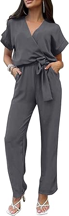PRETTYGARDEN Women's Summer One Piece Jumpsuits Belted Short Sleeve Wrap V Neck Fashion Dressy Casual Wide Leg Pants Romper