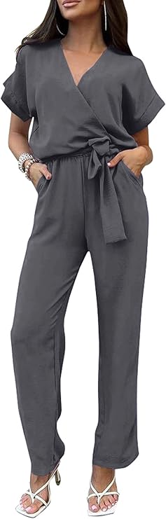 PRETTYGARDEN Women's Summer One Piece Jumpsuits Belted Short Sleeve Wrap V Neck Fashion Dressy Casual Wide Leg Pants Romper