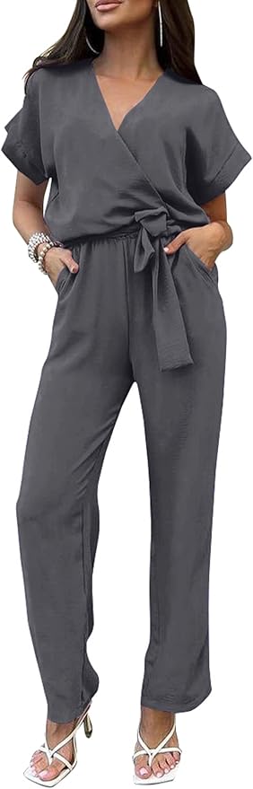 PRETTYGARDEN Women's Summer One Piece Jumpsuits Belted Short Sleeve Wrap V Neck Fashion Dressy Casual Wide Leg Pants Romper
