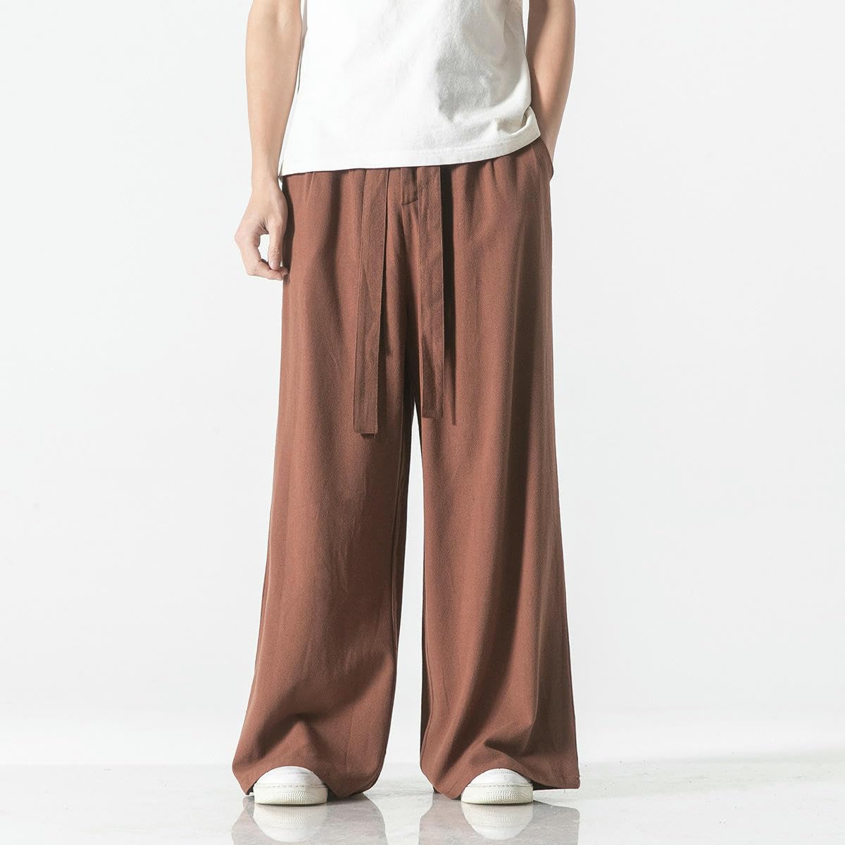 Pantaloni da uomo primavera estate stile etnico cinese cotone lino casual vestibilità ampia gonna lunga con cavallo basso