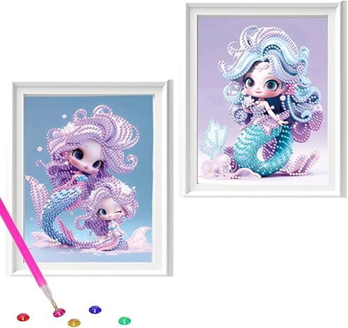 BOSOIRSOU Juego de 2 kits de pintura de diamantes 5D con marco de imagen, 7.9 x 6.7 pulgadas, kit de pintura de diamante de sirena de perforación