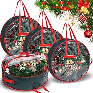 24 Inch Christmas Wreath Storage Bag Plastic Storage Containers for Wreaths Container Christmas Decorative Xmas Plastic Bag Holder Handles Dual Zipper Holiday Wreath Wrapping (Green Handle,4 Pcs)