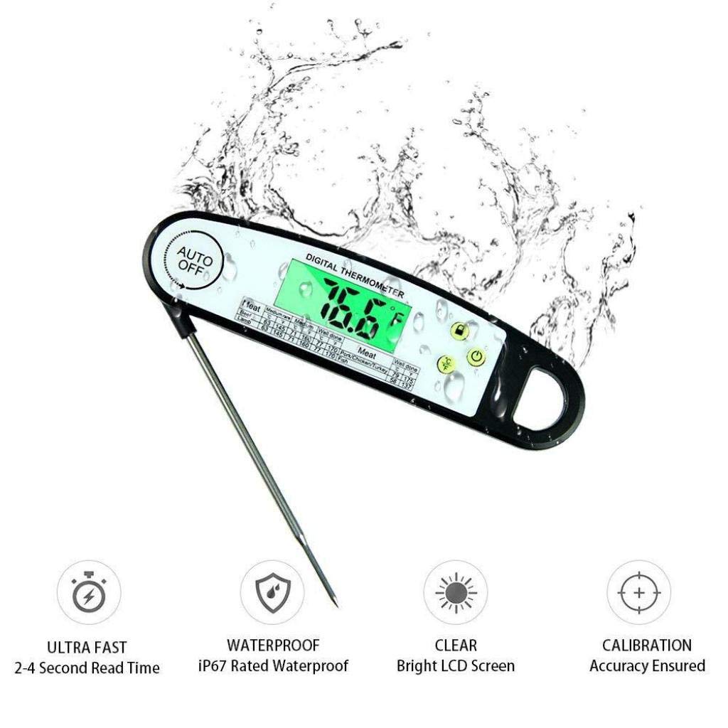 Thermomètre à Lecture instantanée, thermomètre numérique étanche pour Cuisson de la Viande/avec sonde Pliable, thermomètre à Viande Barbecue pour Griller, Noir (Noir)