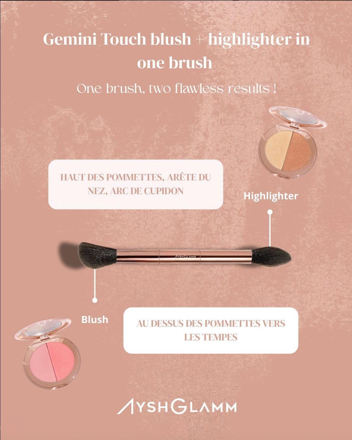 Ayshglamm | Pinceau Kit Gemini Touch & Duo Poudre Rosée | Blush Rosé & Highlighter Perlé | Glow Doux & Harmonieux pour Teints Clairs à Moyens