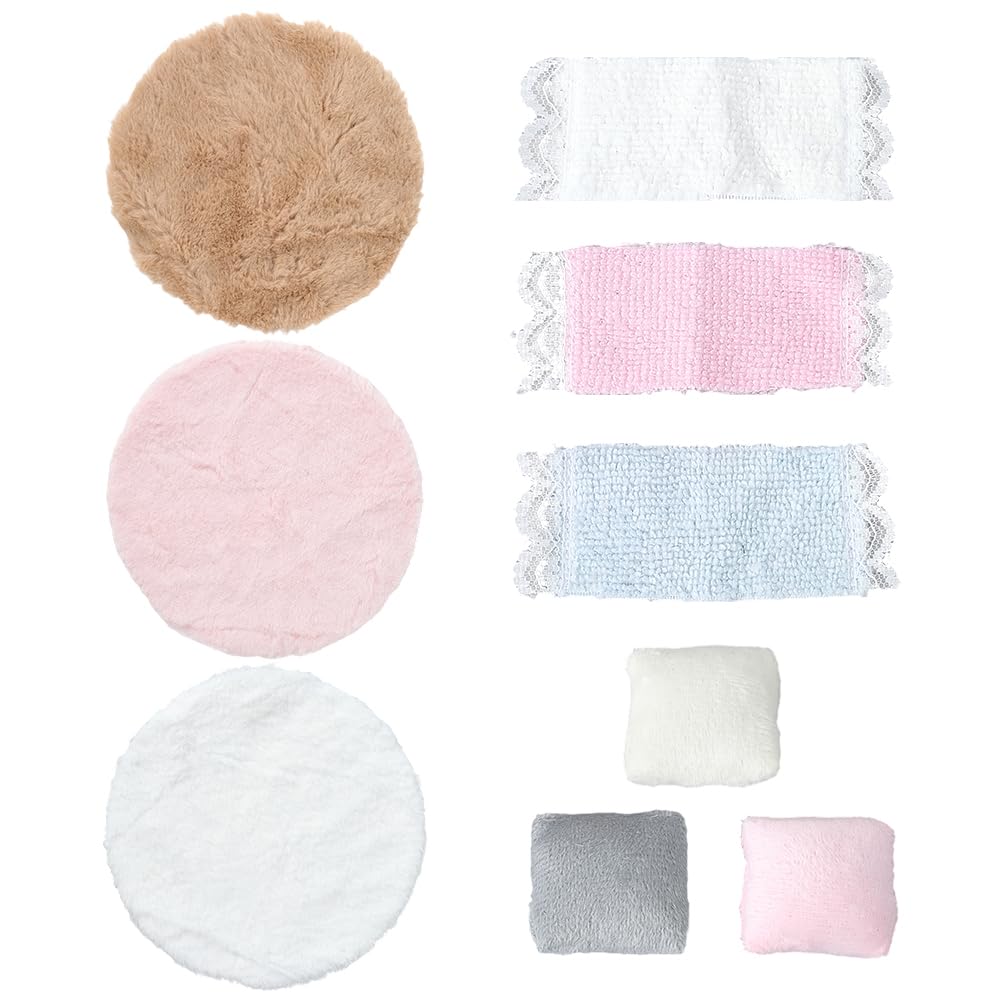 GORGECRAFT 3 Sets Miniature Carpet 3pcs Dollhouse Pillow 3pcs Dollhouse Towels Mini Doll House Decor Polyester Fluffy 1/12 Scale Miniature Doll House Round Rug for Furniture Decoration Bedroom — image 1