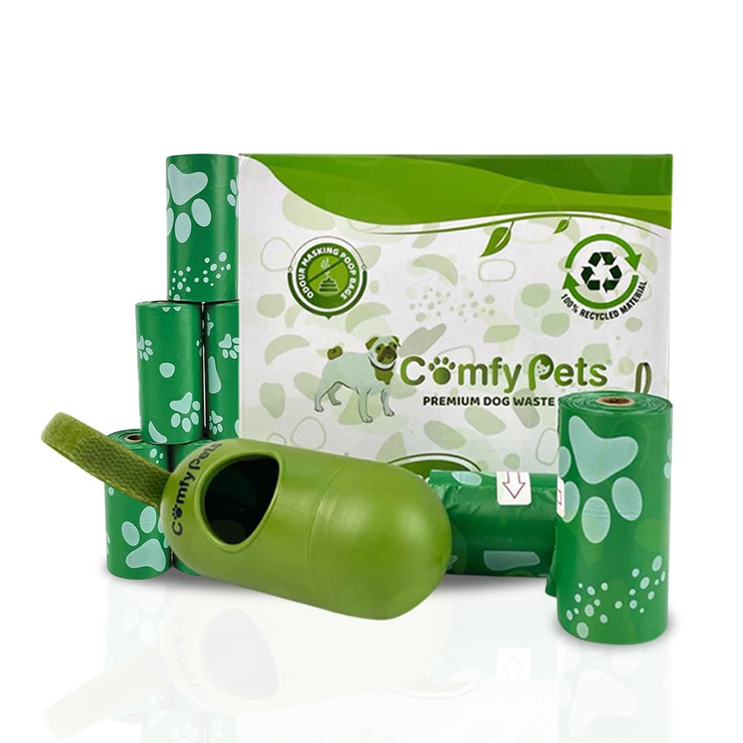 Comfy Pets Green Poo Bags With Dog Poop Bag Dispenser & Refill Rolls - 12 Dog Poop Bags Rolls (15 Bags Each) - Leak-Proof & Extra Thick Mess-Free Dog Waste Bags - Perfect For Walks & Outdoor Use