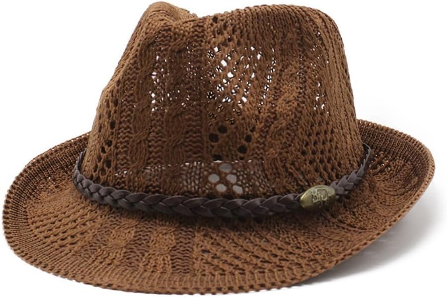 Cotton Mesh Fedora Hat, Brown with Braided Band, Classic Summer Style