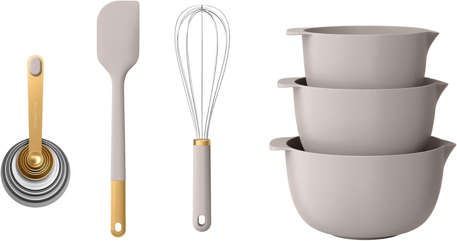 14-Piece Mix and Measure Kitchen Set with Mixing Bowls, Measuring Cups, Measuring Spoons, Spatula, and Whisk, Dishwasher Safe, Microwave and Freezer Safe
