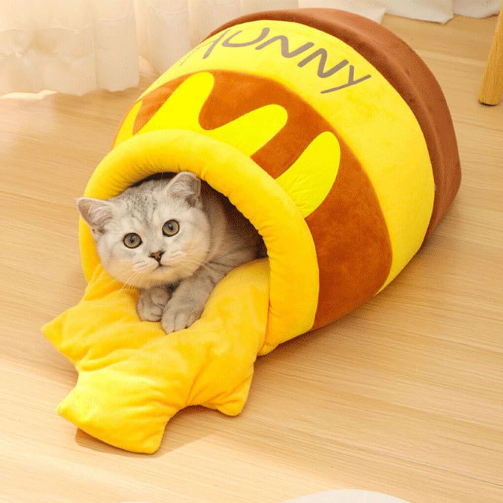 Pot de Miel Chat lit Hiver Respirant Pot Forme nid Mignon en Peluche Dessin animé PP Coton Maison de Remplissage pour Petits Chats Chiens