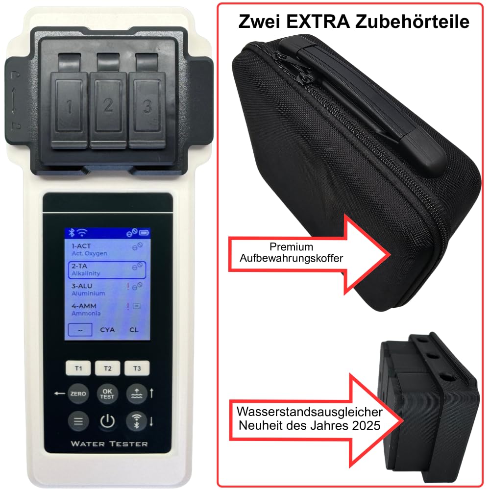 PoolLab 2.0 + Extra-Zubehör (Aufbewahrungskoffer & Wasserstandsausgleicher) – Premium Wasseranalyse-Set – 27 Parameter – WiFi, Bluetooth, App – Für Pool, Spa & Whirlpool – Sonderedition