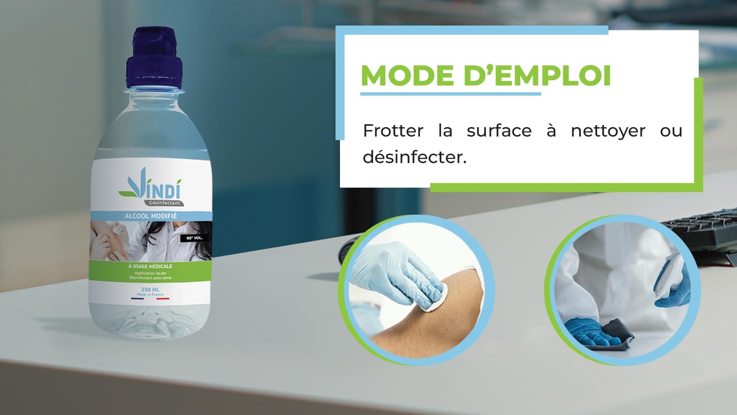 Vindi Désinfectant Alcool modifié 90°- lot de 5 Flacons de 250ml - Fabrication Française - Désinfection peau saine et ustensiles médicaux